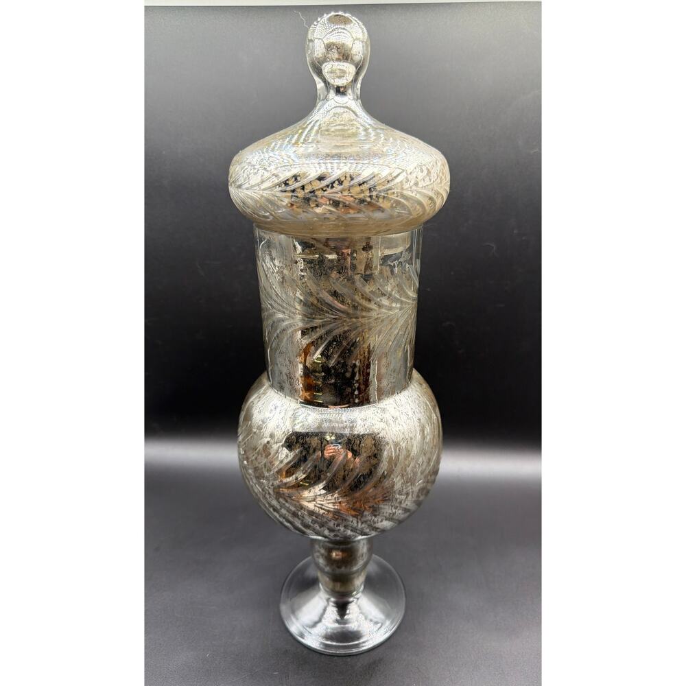 Faceted Mercury Glass Style Apothecary Urn Lidded Silver Cut Glass Jar 16" x 5"